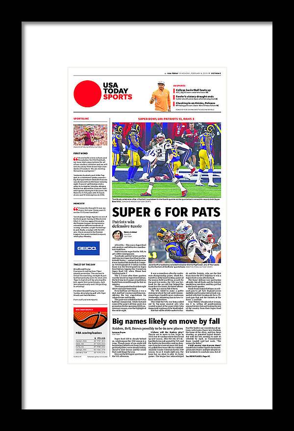 Usa Today Framed Print featuring the digital art 2019 Patriots vs. Rams USA TODAY SPORTS SECTION FRONT by Gannett