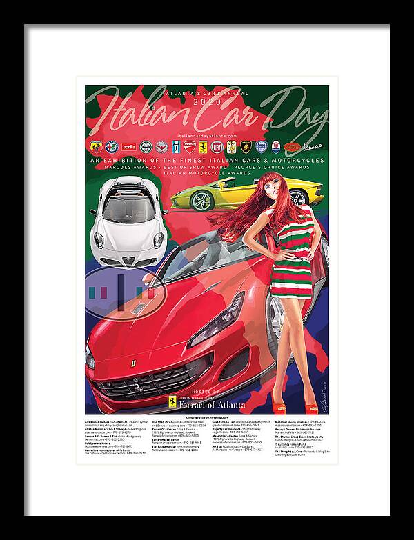 Ferrari Framed Print featuring the digital art 2020 Atlanta Italian Car Day Poster by Rick Andreoli