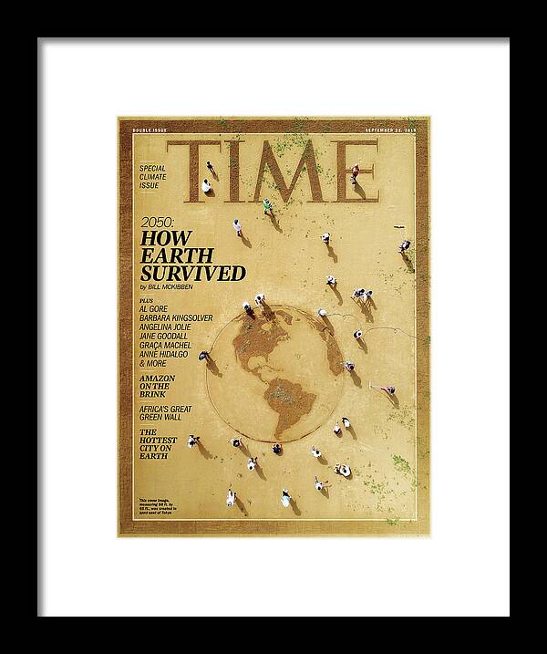 Time Framed Print featuring the sculpture 2050 How Earth Survived by Sand sculpture by Toshihiko Hosaka