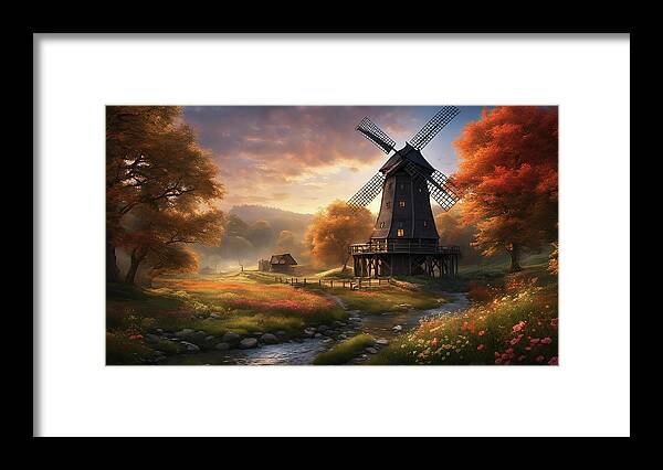 Windmill Framed Print featuring the mixed media 241pg-Fantastical old windmill and lake and garden-1545 by Donald Keith