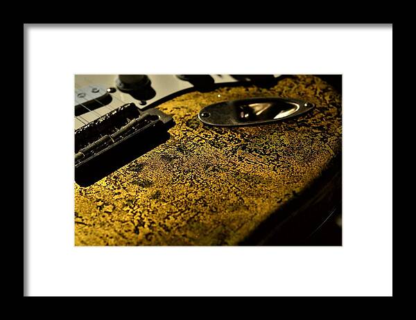 Fender Framed Print featuring the photograph Fender Stratocaster Relic 24k Gold Leaf Relic Guitar Music by Guitarwacky Fine Art