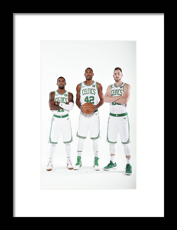Media Day Framed Print featuring the photograph Al Horford, Kyrie Irving, and Gordon Hayward by Brian Babineau