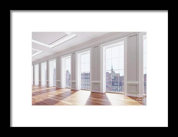 Interior Framed Print featuring the photograph Classical renovated interior with classic big windows and wooden floor #3 by Michal Bednarek