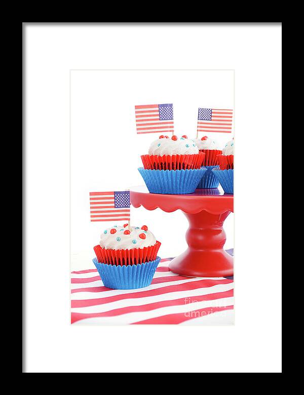 Celebrate Framed Print featuring the photograph Happy Fourth of July Cupcakes on Red Stand #3 by Milleflore Images