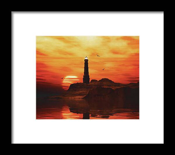 Sky Framed Print featuring the painting Lighthouse with a sunset #3 by Jan Keteleer