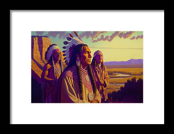 Mandan Indians In A Jack Kirby Style Art Framed Print featuring the digital art MANDAN INDIANS in a Jack Kirby style gentle and by Asar Studios #3 by Celestial Images