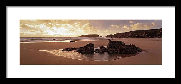 Panorama Framed Print featuring the photograph Marloes Sands Beach Sunset Pembrokeshire Coast Wales #3 by Sonny Ryse