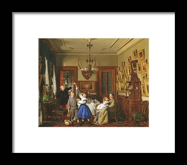 Figurative Framed Print featuring the painting The Contest for the Bouquet The Family of Robert Gordon in Their New York Dining-Room #3 by Seymour Joseph Guy