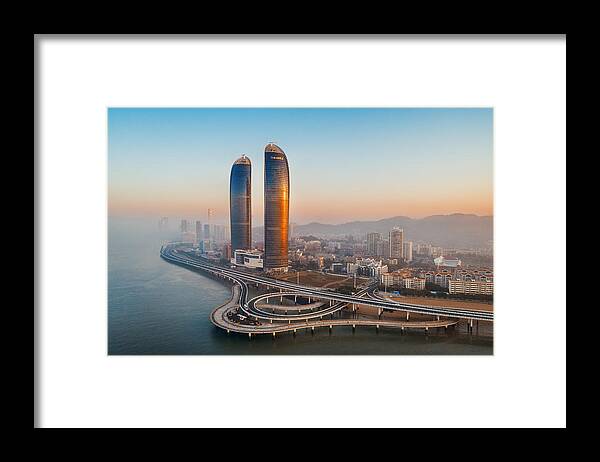 Xiamen Framed Print featuring the photograph Xiamen aerial view sunrise #3 by Songquan Deng
