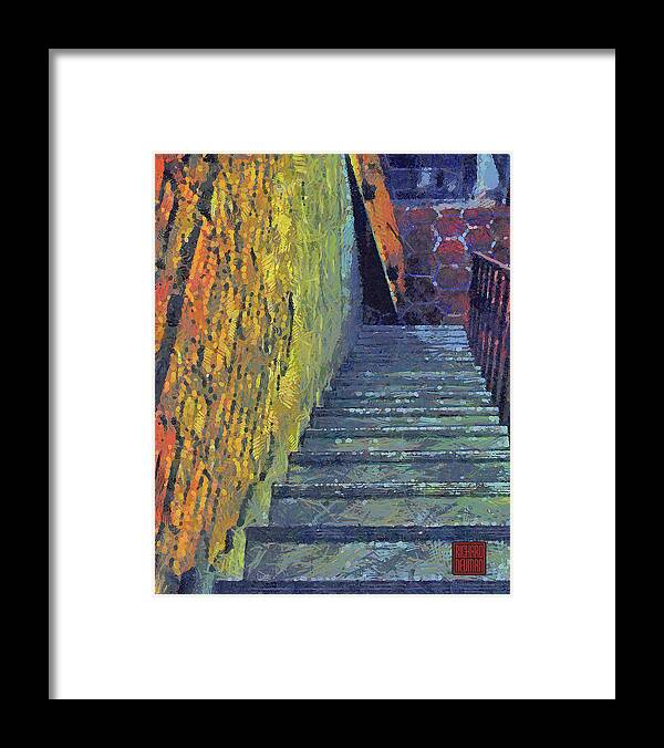 Abstract Framed Print featuring the mixed media 301 Cafe Gold Wall Blue Stairs, Tainan, Taiwan by Richard Neuman Architectural Gifts