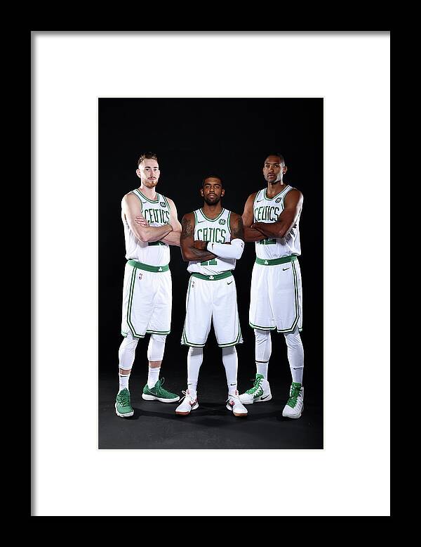 Media Day Framed Print featuring the photograph Al Horford, Kyrie Irving, and Gordon Hayward by Brian Babineau