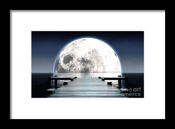 Pier Framed Print featuring the digital art Pier and Moon On Water Horizon #4 by Allan Swart