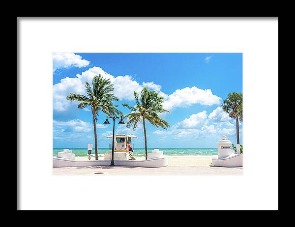 Fort Lauderdale Framed Print featuring the photograph Seafront beach promenade with palm trees on a sunny day in Fort Lauderdale by Maria Kray