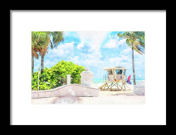 Fort Lauderdale Framed Print featuring the digital art Watercolor painting illustration of Seafront beach promenade with palm trees in Fort Lauderdale by Maria Kray