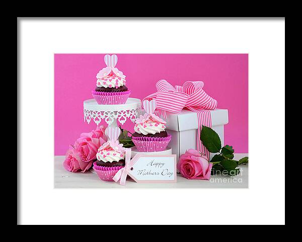 Background Framed Print featuring the photograph Happy Mothers Day pink and white cupcakes. #5 by Milleflore Images