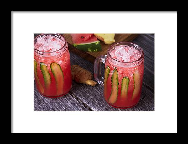 Spice Framed Print featuring the photograph Watermelon cocktail with ginger and cucumber #5 by Freeskyline