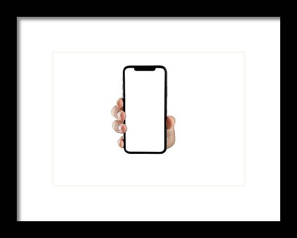 Empty Framed Print featuring the photograph Close Up Hand Hold Phone Isolated On White, Mock-up Smartphone White Color Blank Screen #7 by Issarawat Tattong