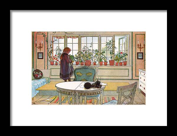 Carl Larsson Framed Print featuring the drawing Flowers on the Windowsill by Carl Larsson by Mango Art