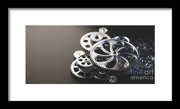 Gears Framed Print featuring the photograph Gears and cogs mechanism. Industrial machinery #7 by Michal Bednarek