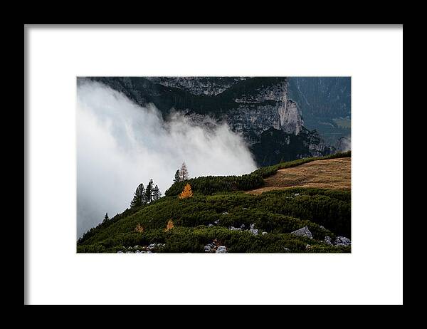 Italian Alps Framed Print featuring the photograph Mountain landscape with fog in autumn. Tre Cime dolomiti Italy. by Michalakis Ppalis