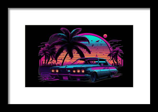 Synthwave Framed Print featuring the digital art Sunset and Car #7 by Quik Digicon Art Club