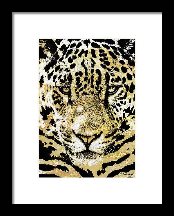 Felino Framed Print featuring the mixed media Golden Leopard Face by J U A N - O A X A C A