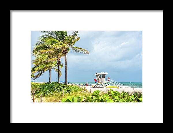 Fort Lauderdale Framed Print featuring the photograph Seafront beach promenade with palm trees on a sunny day in Fort Lauderdale by Maria Kray