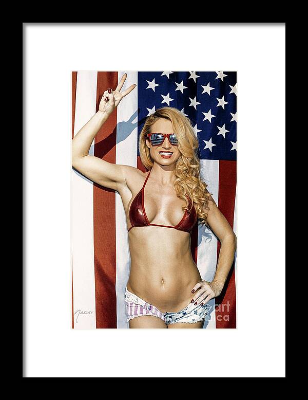 Victory America 4th Of July Framed Print featuring the photograph 8795 Piper Precious Famous Dancer and American Flag by Amyn Nasser Fashion Photographer