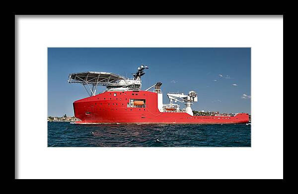 Ship Framed Print featuring the photograph A 106 meter Transport Ship with helipad at Sydney navy centenary by Geoff Childs
