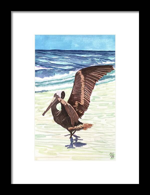 Brown Pelican Framed Print featuring the painting A Brown Pelican on Fl Gulf Coast by Mike King