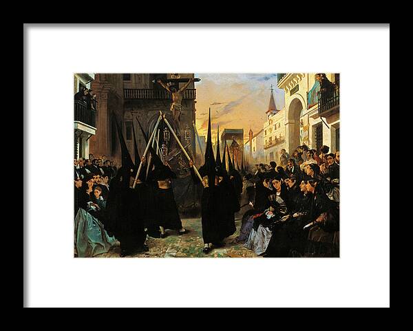 Alfred Dehodencq Framed Print featuring the painting A Confraternity in Procession along the Calle Genova, Seville by Alfred Dehodencq