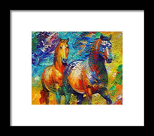 Horse Walking Framed Print featuring the digital art A couple of horses walking - colorful mosaic by Nicko Prints