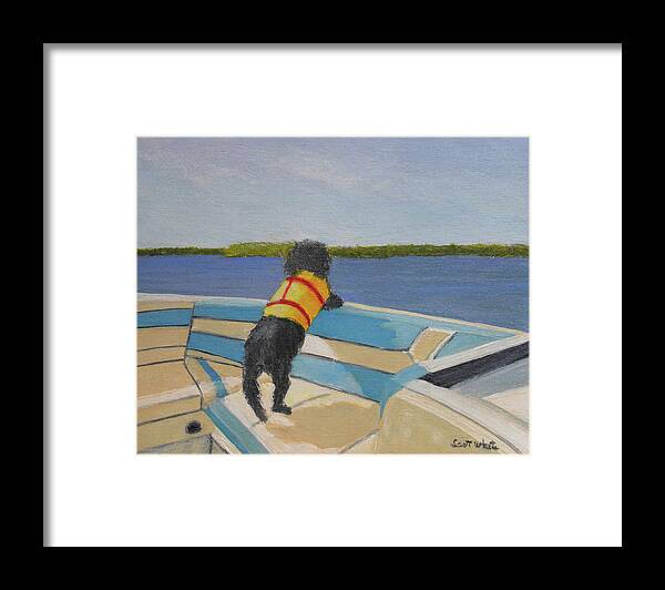 Dogs Water Boats Lake Framed Print featuring the painting A Dog's Life by Scott W White