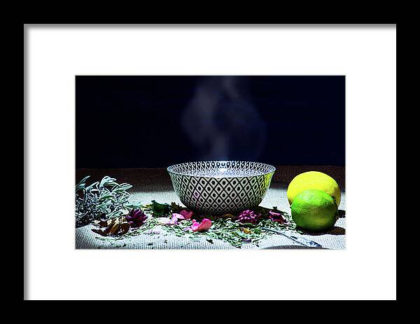 Tea Framed Print featuring the photograph A drinking bowl with tea and herbs. by Bernhard Schaffer