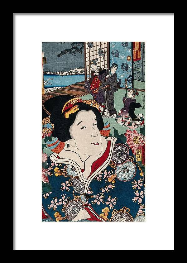 A Female Role Actor With A Scene Of Modern Dress Genji Behind. Colour Woodcut By Kunisada Framed Print featuring the painting A female role actor with a scene of modern dress Genji behind. Colour woodcut by Kunisada, 1852 by Artistic Rifki