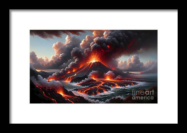 Volcano Framed Print featuring the painting A fiery volcano erupting on a remote island with lava flowing into the sea by Jeff Creation
