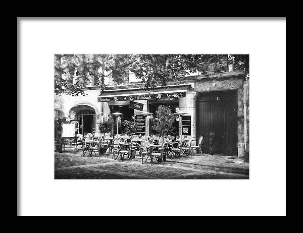 Lyon Framed Print featuring the photograph A French Restaurant Vieux Lyon France Black and White by Carol Japp