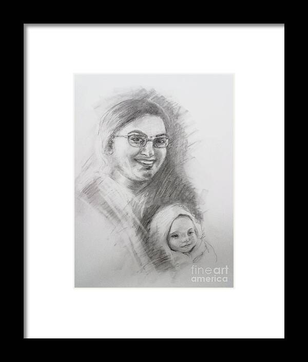 Sketch Framed Print featuring the painting A friend wit her nephew by Asha Sudhaker Shenoy
