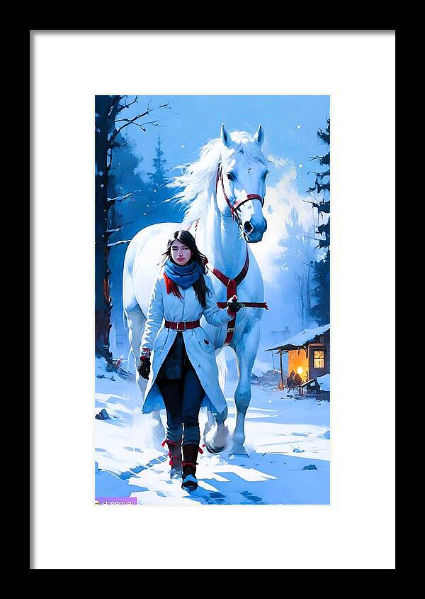 White Horse Framed Print featuring the digital art A I White Horse and Girl 3 by Denise F Fulmer