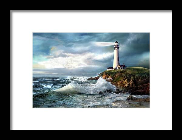Seascape Framed Print featuring the painting A Light of Hope, Pigeon Point Lighthouse by Regina Femrite