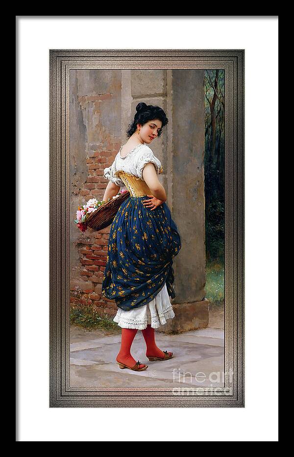 A Maiden With A Basket Of Roses Framed Print featuring the painting A Maiden With A Basket Of Roses by Eugen von Blaas Remastered Xzendor7 Classical Art Reproduction by Xzendor7