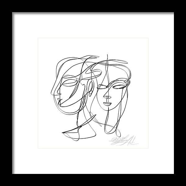 Sketch Framed Print featuring the digital art A one-line abstract drawing depicting two faces in a symbiotic relationship by Lena Owens - OLena Art Vibrant Palette Knife and Graphic Design