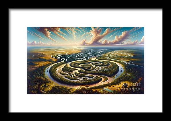 Panoramic Framed Print featuring the painting A panoramic view of a large delta with meandering rivers and rich wildlife by Jeff Creation