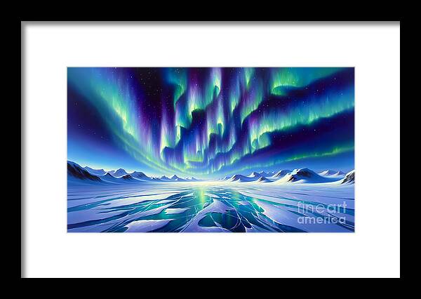 Northern Lights Framed Print featuring the painting A panoramic view of the Northern Lights over a frozen, untouched arctic landscape by Jeff Creation
