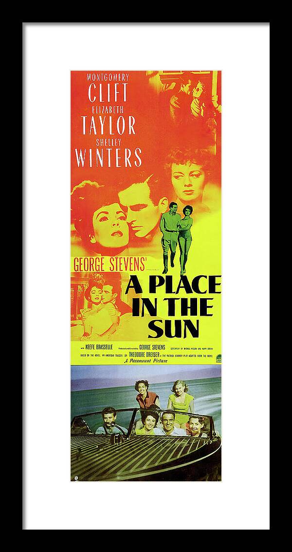 Place Framed Print featuring the mixed media ''A Place in the Sun'' 2, with Montgomery Clift and Elizabeth Taylor, 1951 by Movie World Posters
