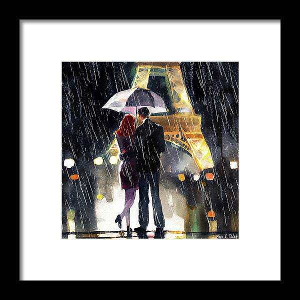 Eiffel Tower Framed Print featuring the digital art A Rainy Night in Paris Together by Mark Tisdale