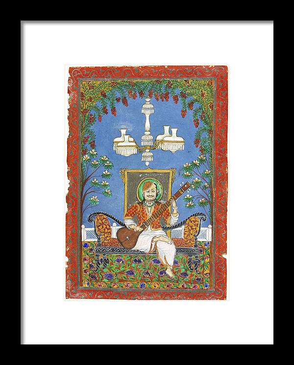 A Seated Musician Framed Print featuring the painting A seated musician, India, Rajasthan, Kota, 19th century by Artistic Rifki