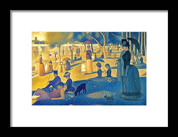 A Sunday Afternoon On The Island Of La Grande Jatte Framed Print featuring the digital art A Sunday Afternoon on the Island of La Grande Jatte - digital recreation in blue and orange by Nicko Prints