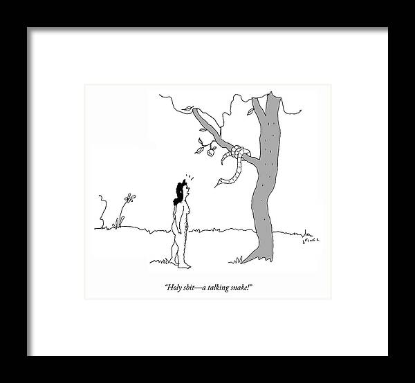 holy Shita Talking Snake! Snake Framed Print featuring the drawing A Talking Snake by Liana Finck