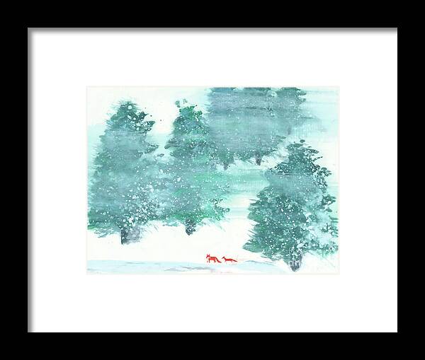 A Mother And Baby Fox Are Taking A Walk In The Wood. This Is A Simple Contemporary Chinese Brush Painting On Rice Paper. Framed Print featuring the painting A Walk in the Wood by Mui-Joo Wee